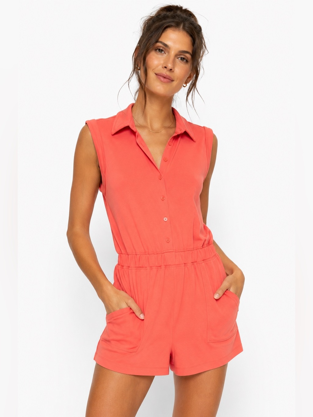Lou & Grey Coral Sleeveless Romper XS Collared Button Front Soft Shorts Jumpsuit